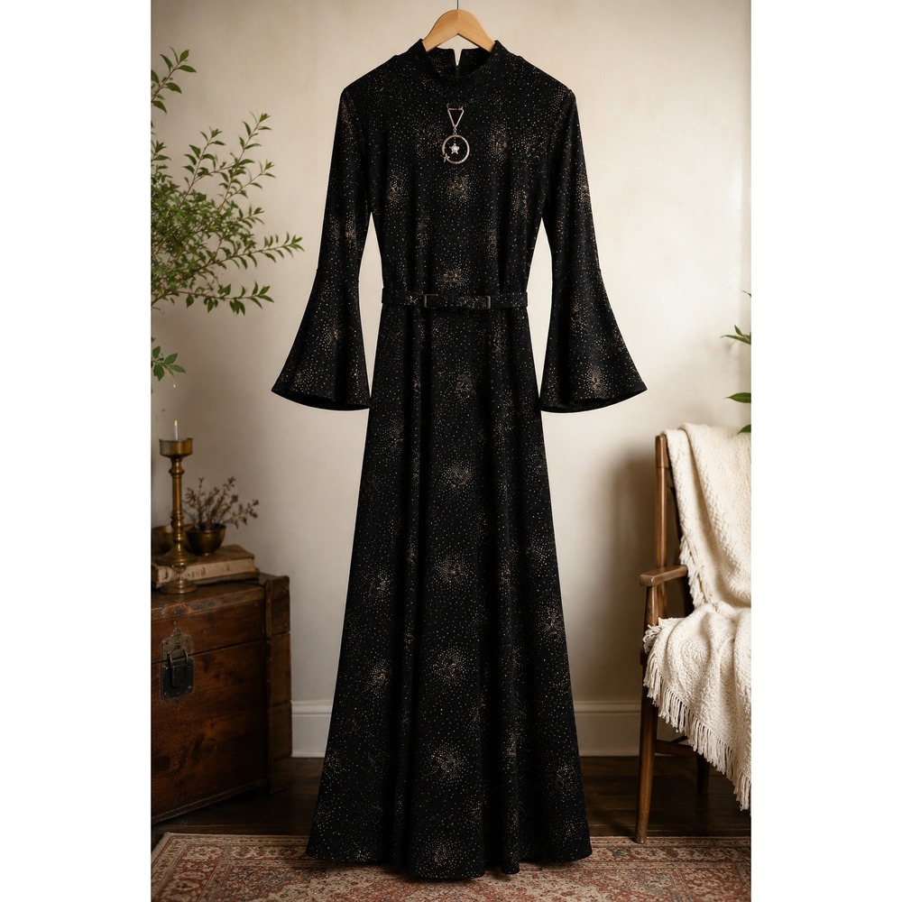 Black Metallic Shimmer Maxi Dress Bell Sleeves Gothic Glam Tie Back Boho XL
